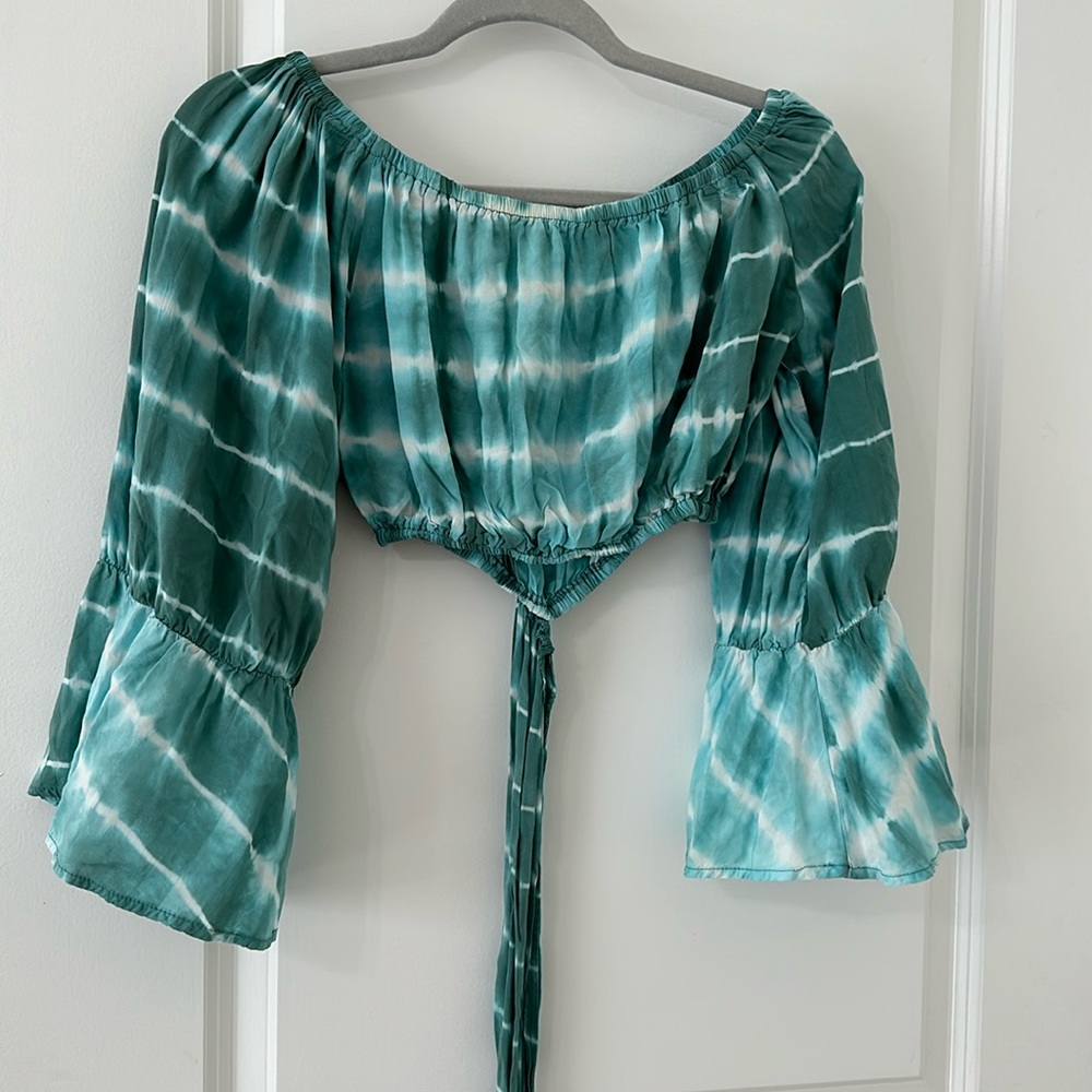 Blue and white off the shoulder crop top size small